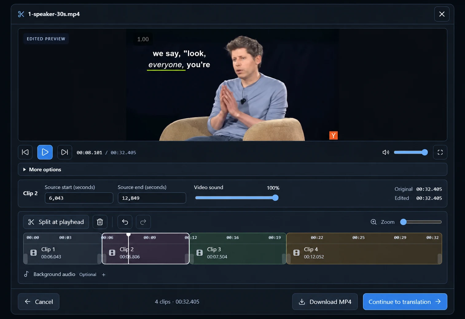 Imagen preparada del editor de D-UB con una vista previa de vídeo, cuatro clips en la línea de tiempo, controles de recorte y volumen, audio de fondo y descarga MP4